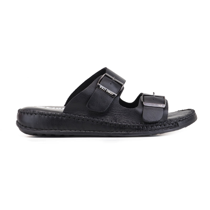RED CHIEF Black Leather Slipper for Men RC6081 001