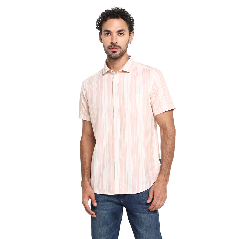 RED CHIEF Peach/White Cotton Casual Shirt for Men 8120194 G0054