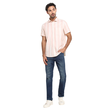 RED CHIEF Peach/White Cotton Casual Shirt for Men 8120194 G0054