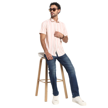 RED CHIEF Peach/White Cotton Casual Shirt for Men 8120194 G0054
