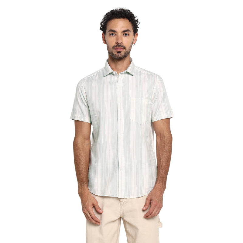 RED CHIEF White/Green Cotton Casual Shirt for Men 8120194 G0010