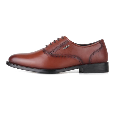 Side view of brown men's formal lace-up Derby shoe