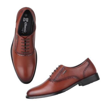 Top view of brown men's formal lace-up Derby shoe
