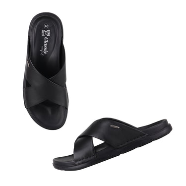 RED CHIEF Black Leather Slipper for Men RC3981 001