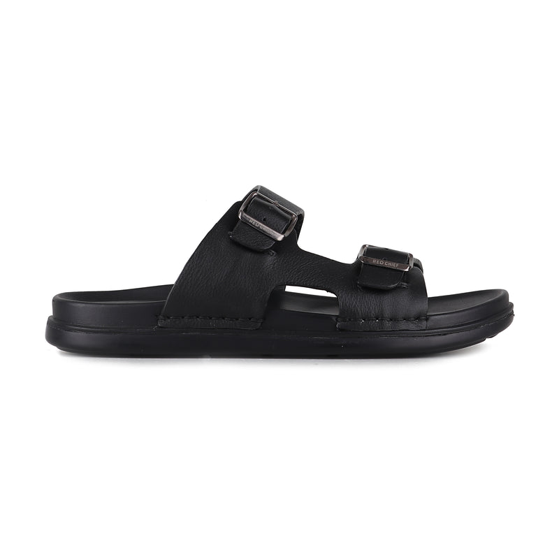 RED CHIEF Black Leather Slipper for Men RC3982 001