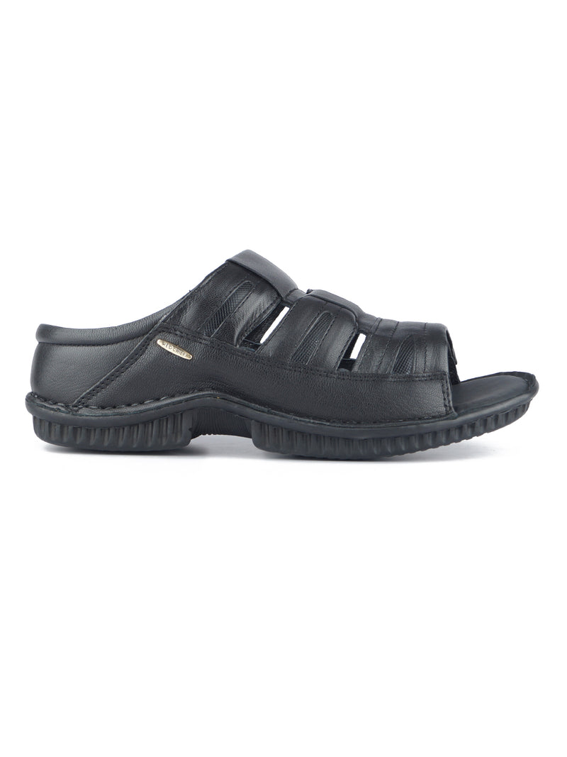 RED CHIEF Black Leather Slipper for Men RC7014 001